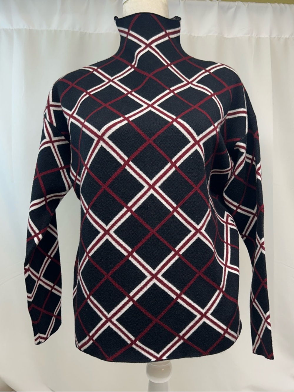 Tahari Diamond Plat Mock Neck Sweater - Black/Burgundy/White Size Large